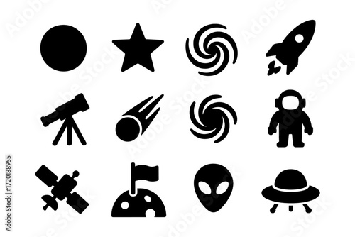 Space icons set: planets, stars, aliens, and rockets in silhouette style