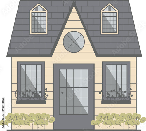 Illustrated beige house with gray shingled roof dormer windows circular gable window and diagonal pane details.