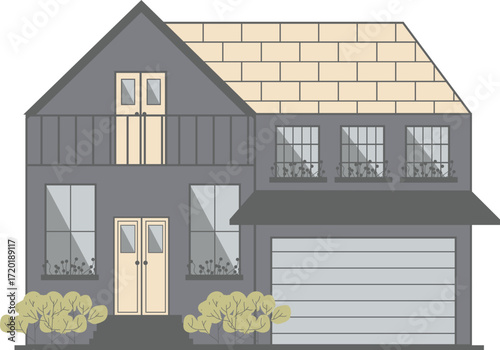 Modern TwoStory Gray House with Attached Garage and Balcony.