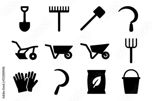 Essential gardening tools silhouette collection: shovel, rake, wheelbarrow, and more