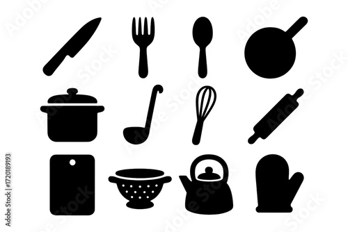 Kitchen utensil silhouettes: knife, fork, spoon, pot, pan, ladle, whisk, mitt