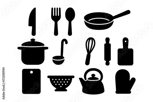 Kitchenware essentials: silhouette icons of cooking utensils and tools