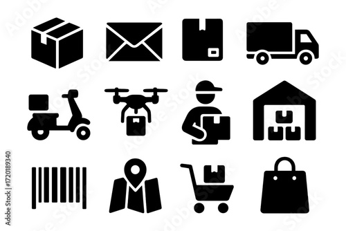 Silhouette icons for delivery and logistics services with modern design style