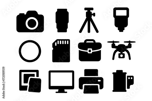 Silhouette icons of photography equipment: camera, lens, and accessories collection