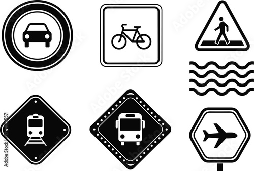 Transportation signs vector illustration, black and white travel icons set, isolated road symbols for traffic, safety, navigation, and public transit use