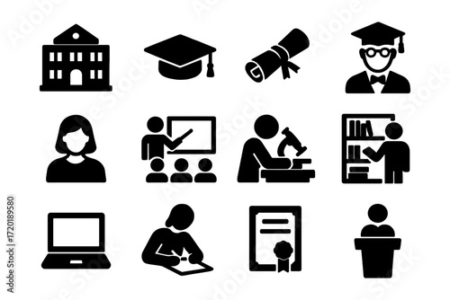 Educational icons set featuring school, graduation cap, diploma, and student activities