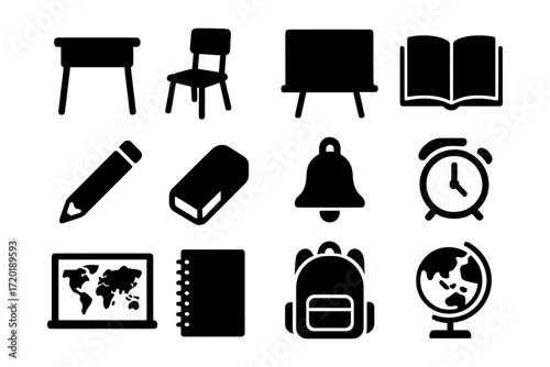 Silhouette school icons: desk, chair, blackboard, book, pencil, eraser, bell, clock, map, notebook, backpack, globe