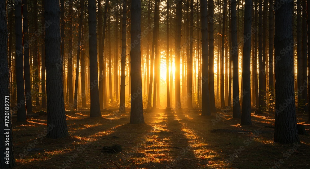 Obraz premium Rays of Golden Sunlight Shining Through a Forest of Tall Trees