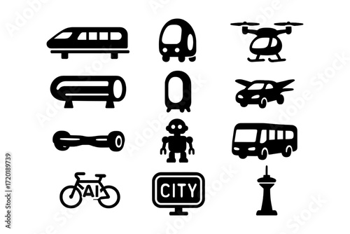 Futuristic transportation icons: urban mobility and innovation in silhouette design