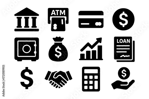 Set of black banking icons: money, transactions, and financial growth symbols
