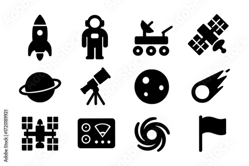 Bold space icons: planets, satellites, and exploration designs