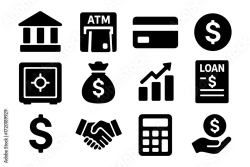 Financial icon set featuring banking, money, and investment symbols in bold style