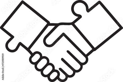 Puzzle Piece Handshake Icon – Strategic Fit in Minimalist Line Art
