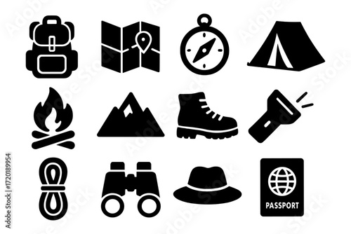 Essential camping and hiking icons for outdoor adventures