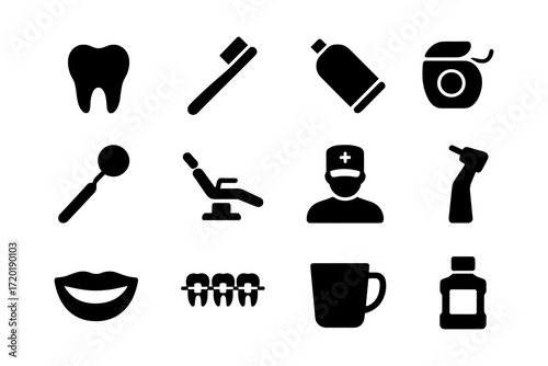 Dental care icons: silhouettes of tools and symbols for oral hygiene