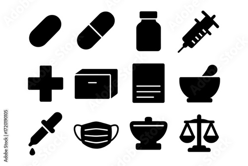 Healthcare and pharmacy silhouette icons: pills, syringe, mask, mortar, scales