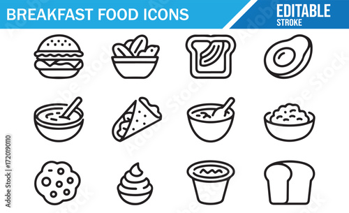 Set of Breakfast Food Icons in Minimalist Style, Editable Stroke, Morning Meals and Food Design