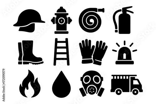 Firefighting equipment icons: safety gear and tools in silhouette style