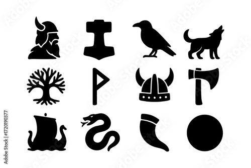 Nordic symbol set: vikings, runes, and mythical creatures silhouettes