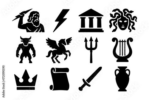 Greek mythology icons: gods, creatures, and symbols in bold silhouette style