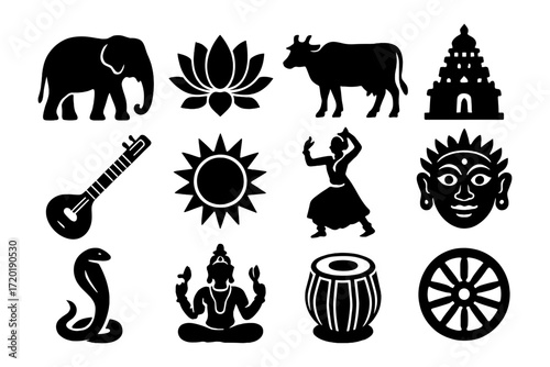Traditional indian culture icons set: silhouettes of elephant, lotus, and temple