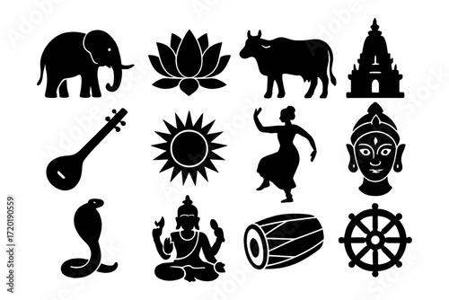 Cultural icons collection featuring traditional indian symbols in silhouette style