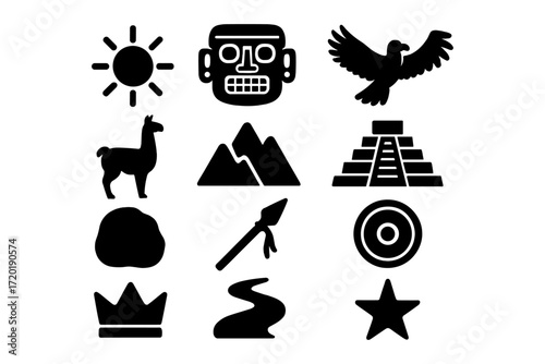 Silhouette icons of ancient incan culture with llama, pyramid, and sun symbol