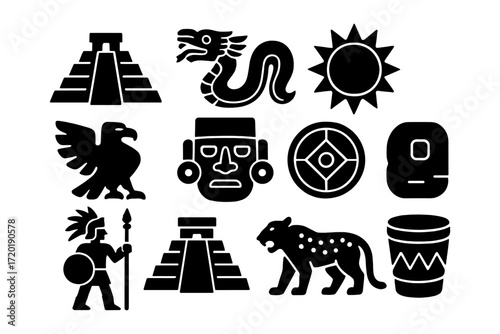 Ancient mesoamerican silhouettes featuring pyramids, serpents, and cultural symbols