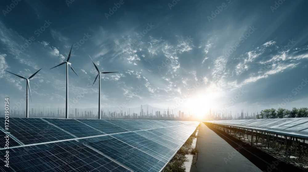 Fototapeta premium solar panels wind turbines city skyline