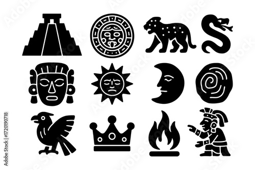 Mayan icon set: ancient symbols and glyphs in bold silhouette style