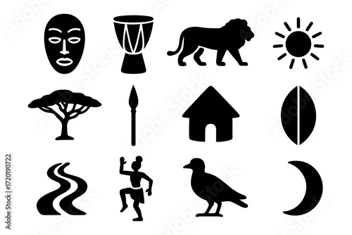African culture silhouettes: drums, wildlife, nature, and traditions