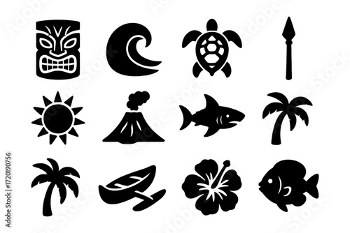 Tropical icon set featuring tiki mask, ocean wave, turtle, and palm tree silhouettes