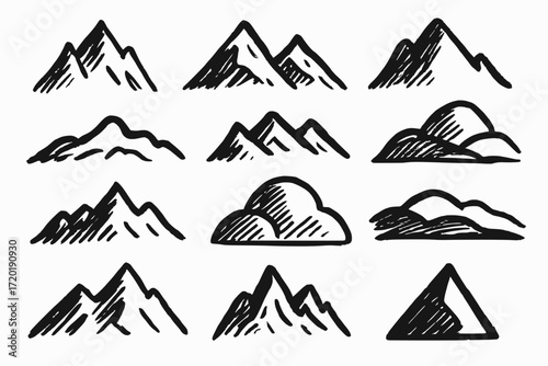 Hand-Drawn Mountain Silhouettes in Rough Ink Sketch Style with Natural Shapes and Snow Peaks