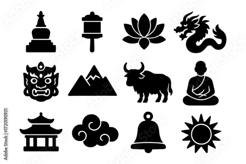 Asian icon set featuring silhouette symbols of culture and tradition