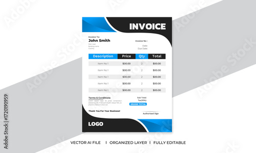 Professional Simple Minimal Creative Editable Business Invoice Bill Form Design Template Layout