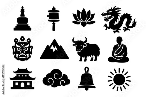Tibetan symbols collection: silhouettes of culture and tradition