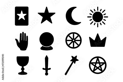 Mystical icons: tarot, celestial, and magic symbols in silhouette design