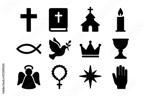 Christian symbols set featuring cross, bible, church, and dove silhouettes