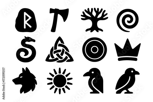 Nordic mythology symbols collection: ancient icons in bold silhouette design