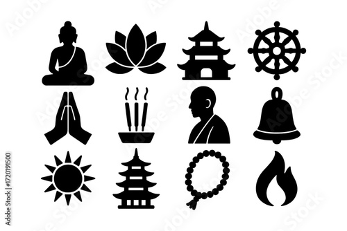 Set of buddhist symbols: meditation, spirituality, and peace icons in silhouette style