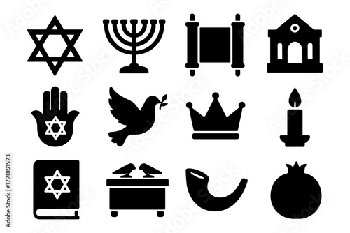 Jewish symbols collection: star of david, menorah, torah, synagogue, dove, crown, candle, book, pomegranate icons