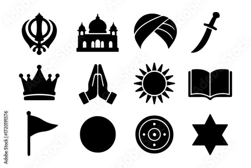 Sikhism symbols: silhouettes of turban, temple, kirpan, and more icon set