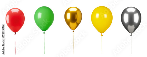 Colorful balloons in red, green, gold, yellow, and silver on white background  