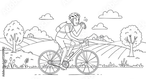 Line Art Illustration of Cyclist Enjoying Scenic Landscape, Biking Adventure