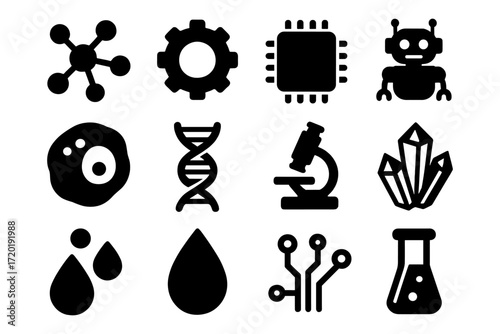 Silhouette science and technology icons set featuring robotics, microscopy, and dna structures