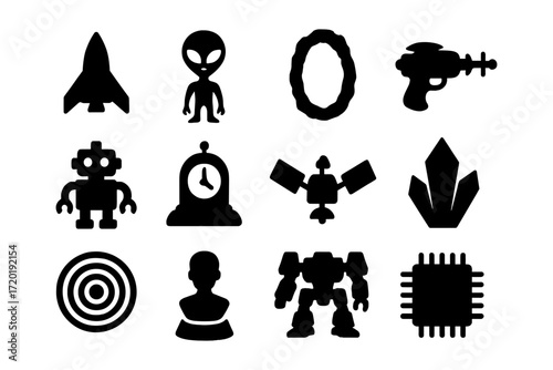 Silhouette icons of sci-fi concepts: ufo, robot, laser gun, and more