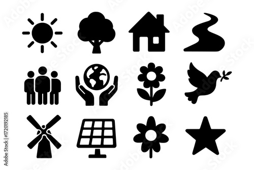Collection of minimalist nature and eco icons: sun, tree, earth, home, solar panel, dove