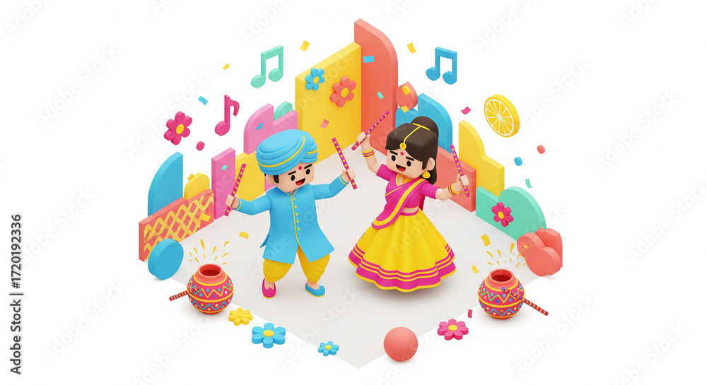 Obraz premium Isometric Dandia dance illustration with playful elements