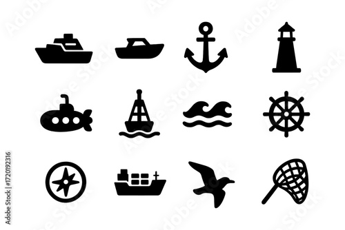 Nautical icons set featuring ships, anchor, lighthouse, and submarine in silhouette style