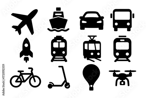 Transportation icons collection: plane, car, train, and more in silhouette style
